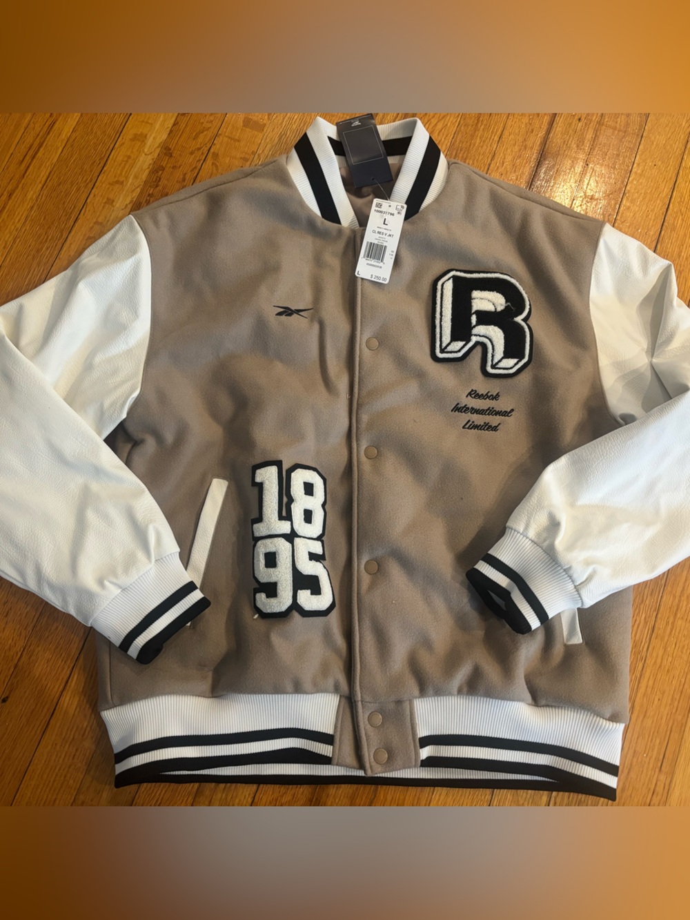 Reebok Taupe & White Varsity  Jacket - NWT - Sz Large